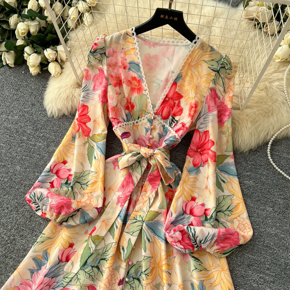 Big skirt single-breasted spring printing long sleeve dress