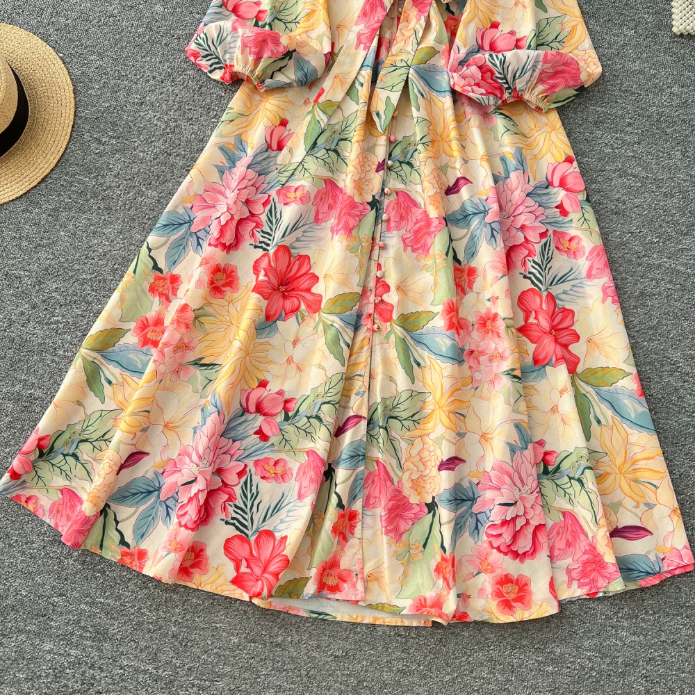 Big skirt single-breasted spring printing long sleeve dress