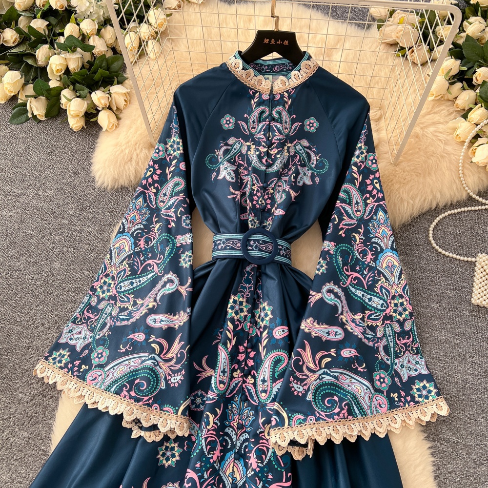 Printing dress cstand collar long dress for women