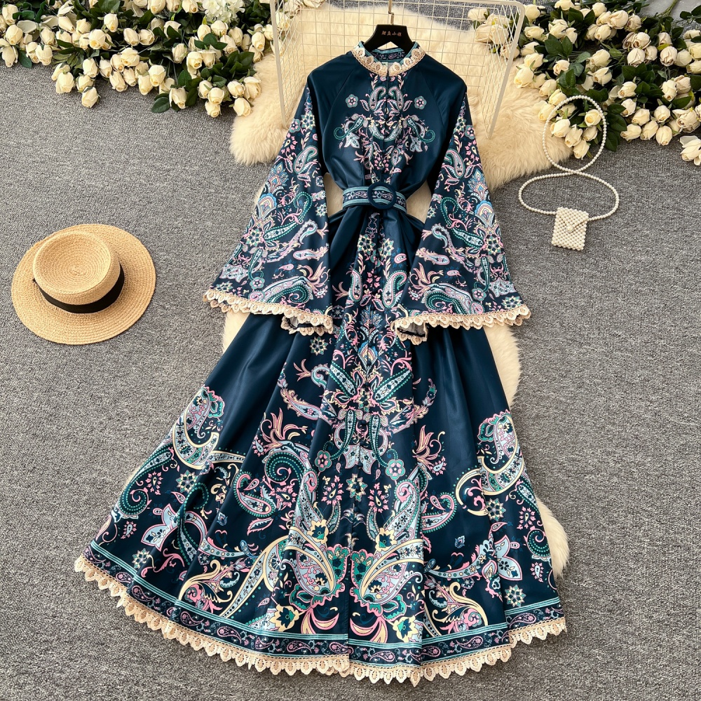 Printing dress cstand collar long dress for women