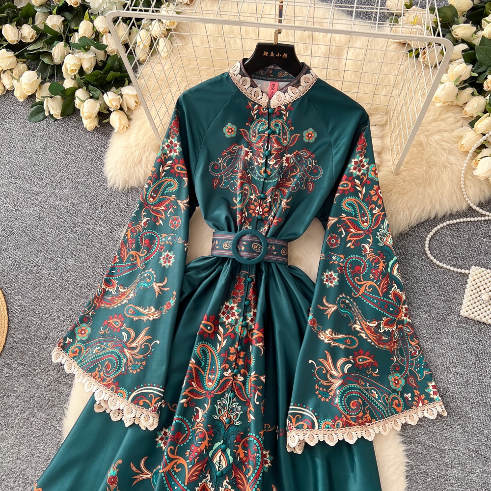 Printing dress cstand collar long dress for women