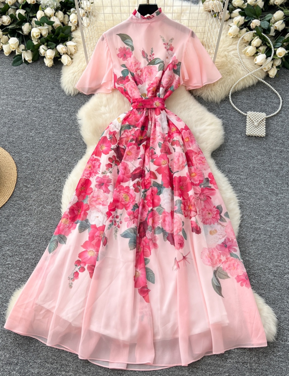 Pinched waist dress pearl long dress for women