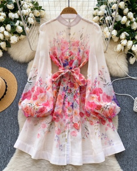 Court style vacation slim printing pearl spring dress for women