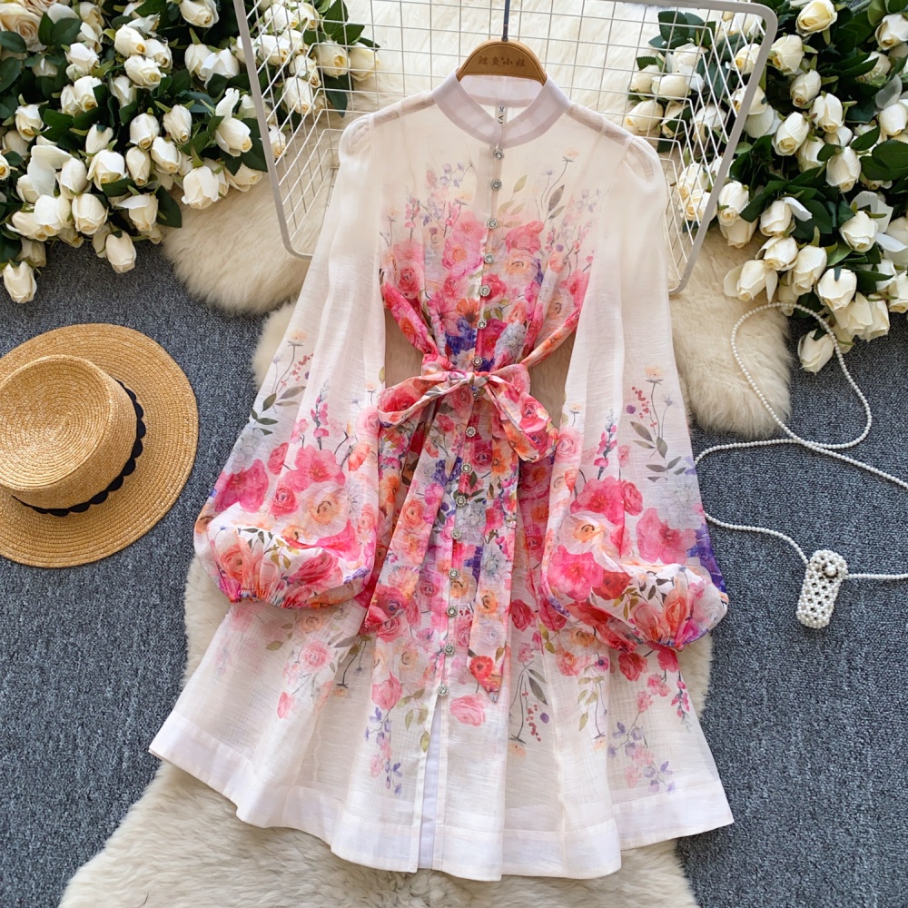 Court style vacation slim printing pearl spring dress for women