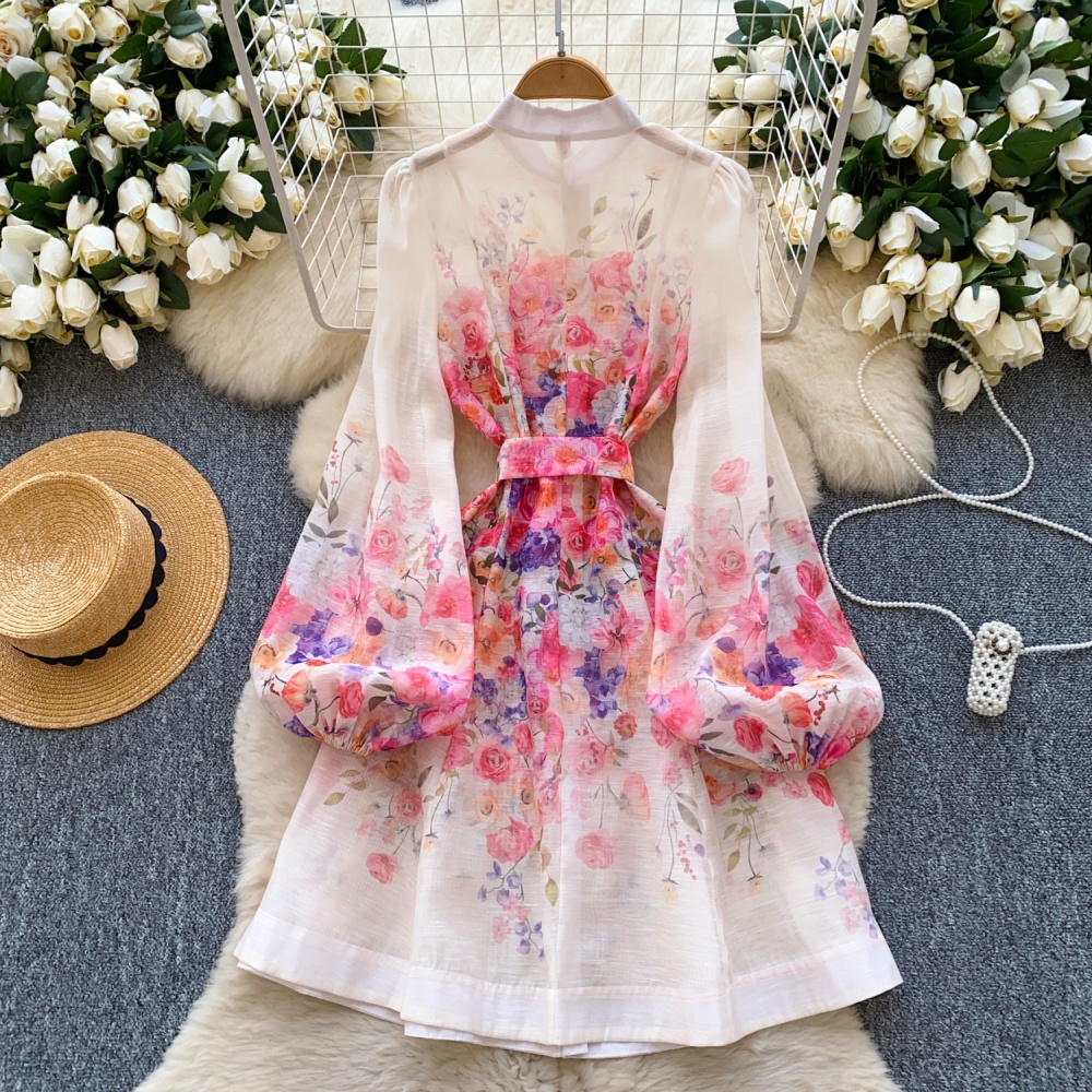 Court style vacation slim printing pearl spring dress for women