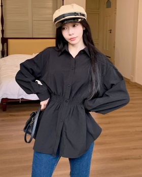 Pinched waist slim tops long sleeve shirt for women