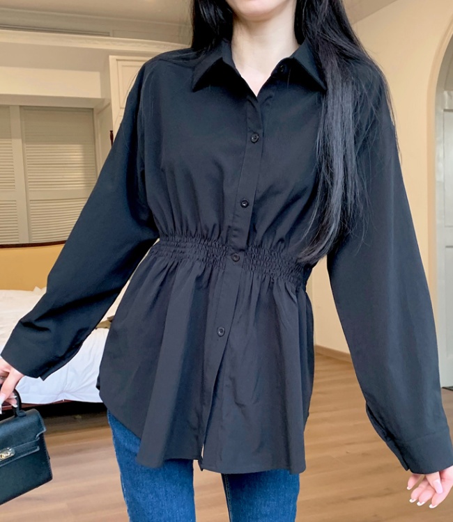 Pinched waist slim tops long sleeve shirt for women