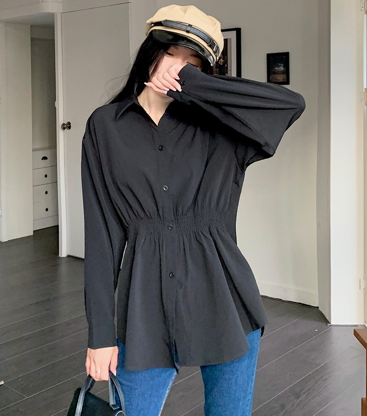 Pinched waist slim tops long sleeve shirt for women