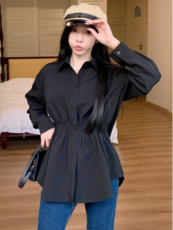 Pinched waist slim tops long sleeve shirt for women