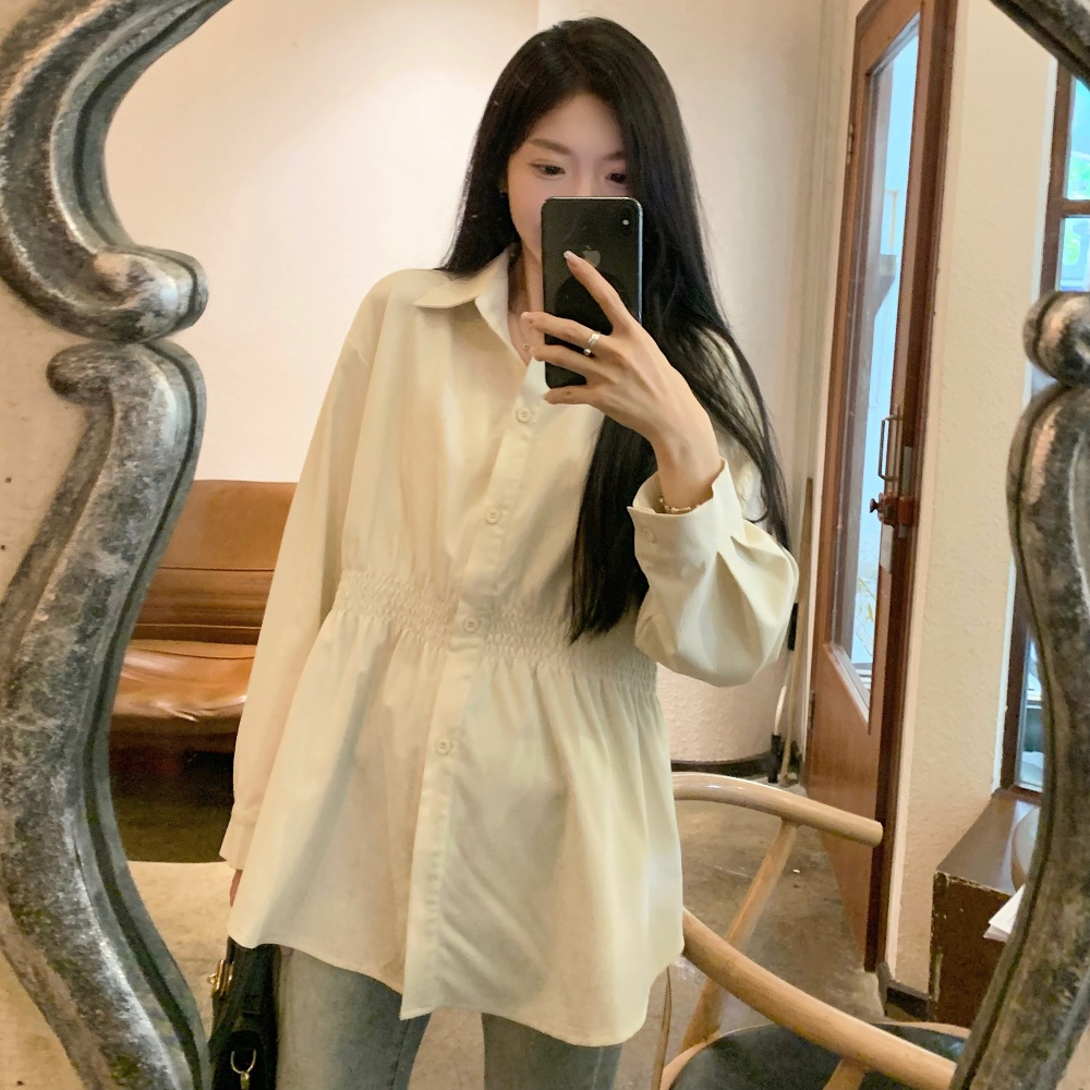 Pinched waist slim tops long sleeve shirt for women