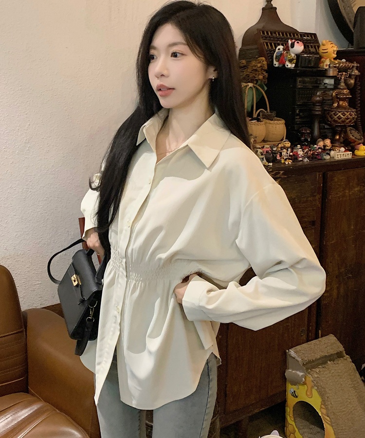 Pinched waist slim tops long sleeve shirt for women