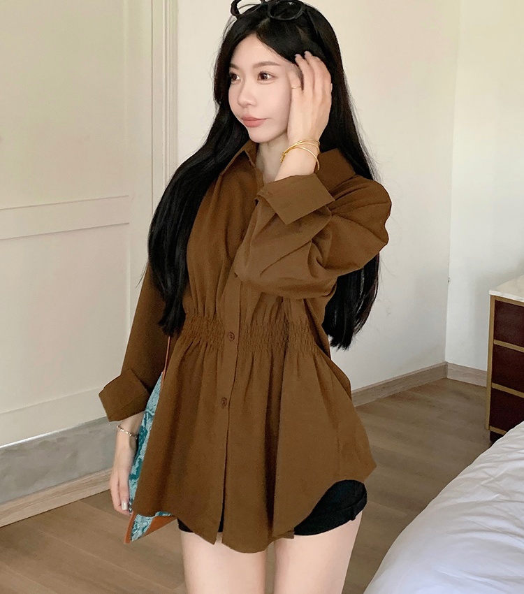 Pinched waist slim tops long sleeve shirt for women