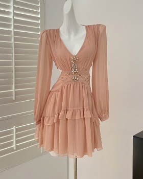 Rhinestone chiffon formal dress pinched waist dress for women