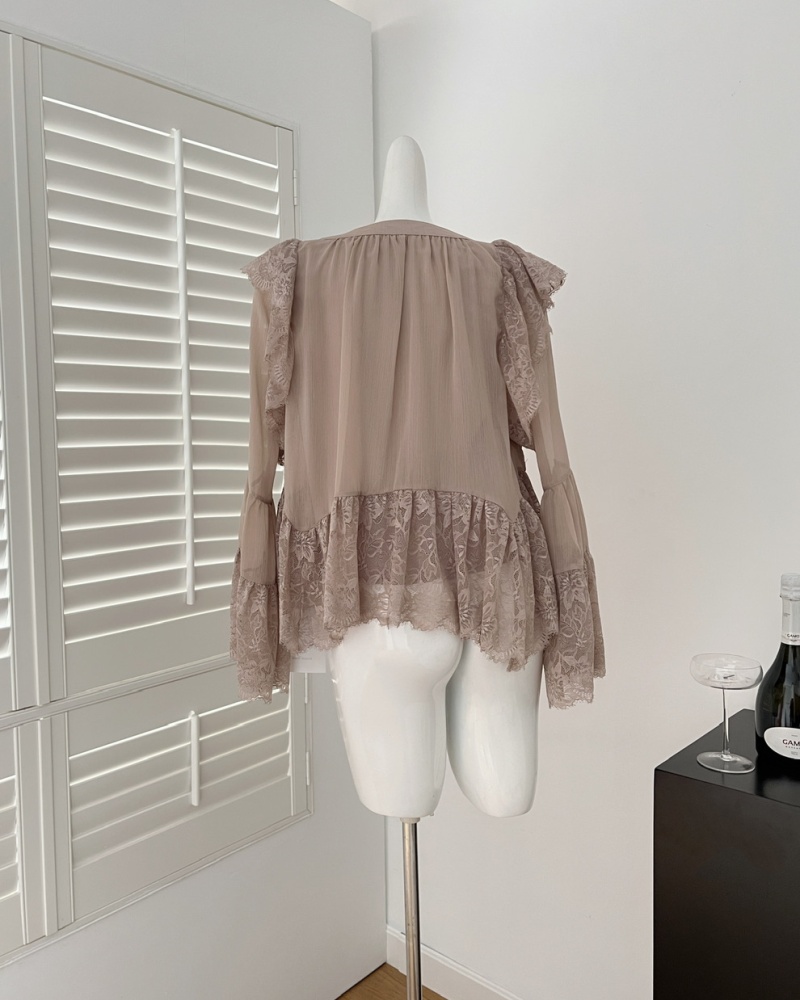 Trumpet sleeves splice V-neck tops frenum lace shirt