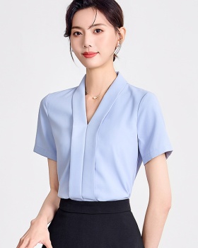 Business profession blue slim short sleeve shirt for women