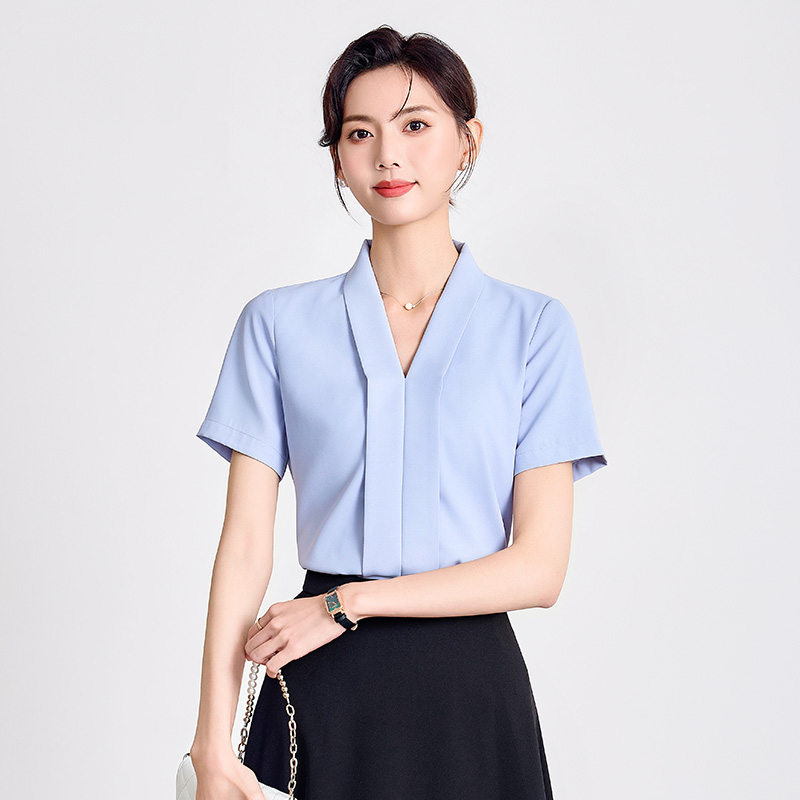 Business profession blue slim short sleeve shirt for women