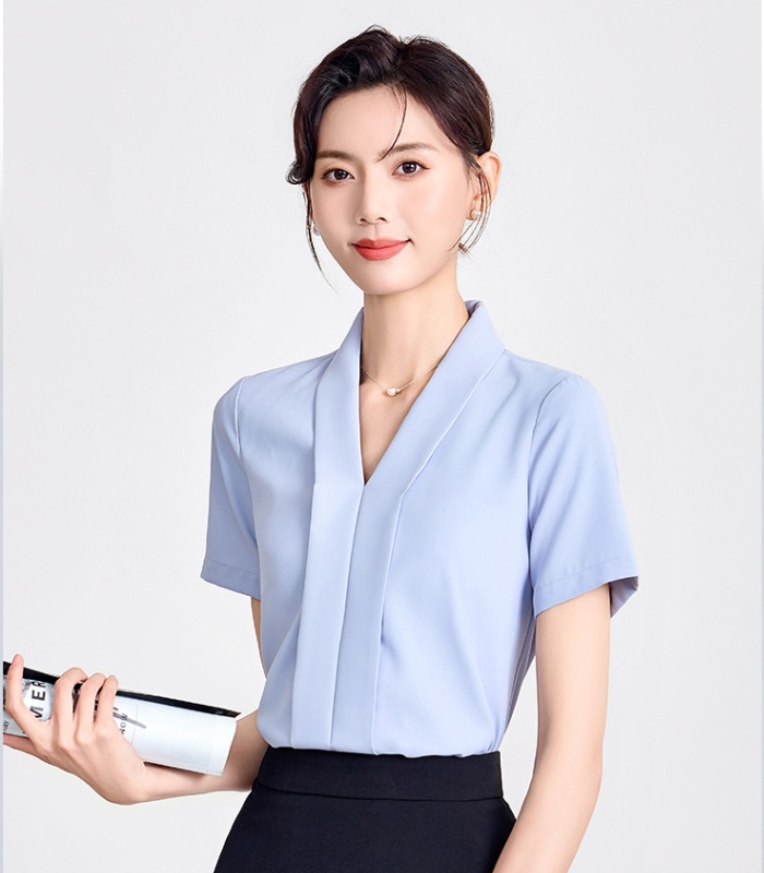 Business profession blue slim short sleeve shirt for women