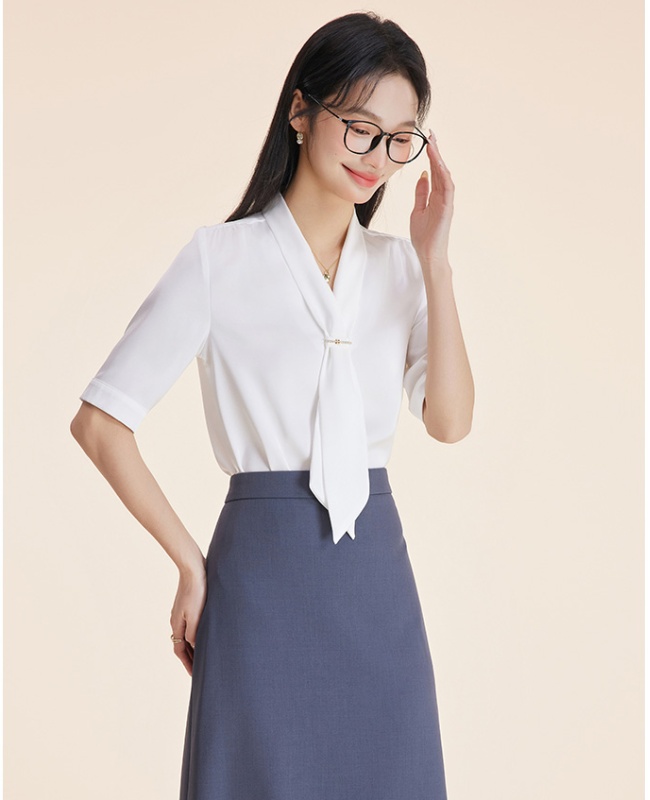 Chiffon white business suit streamer shirt for women