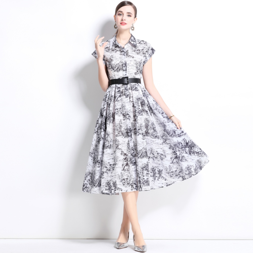 Printing short sleeve long dress spring dress