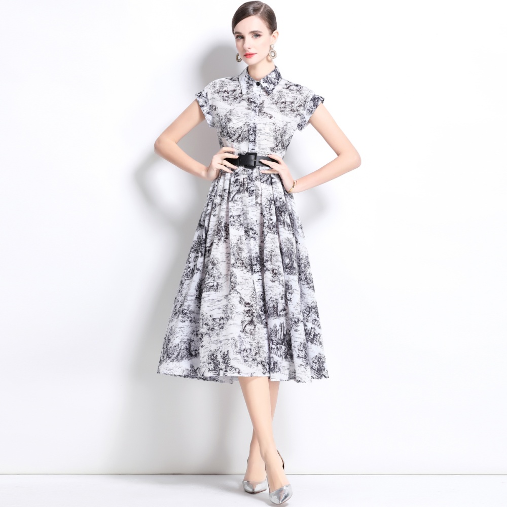 Printing short sleeve long dress spring dress