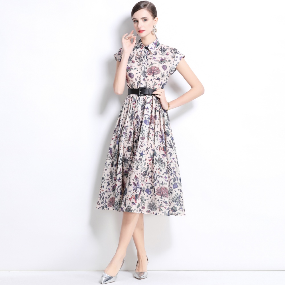 Short sleeve spring long dress printing shirt