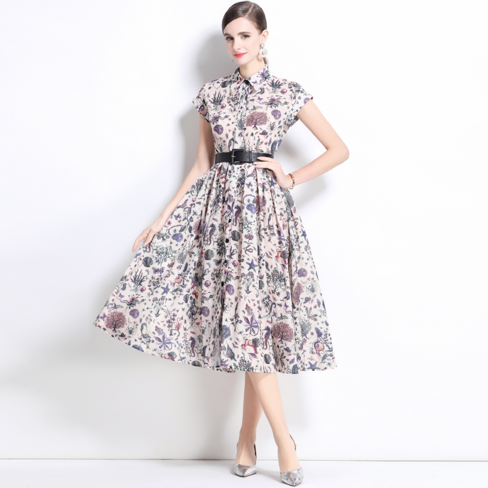 Short sleeve spring long dress printing shirt