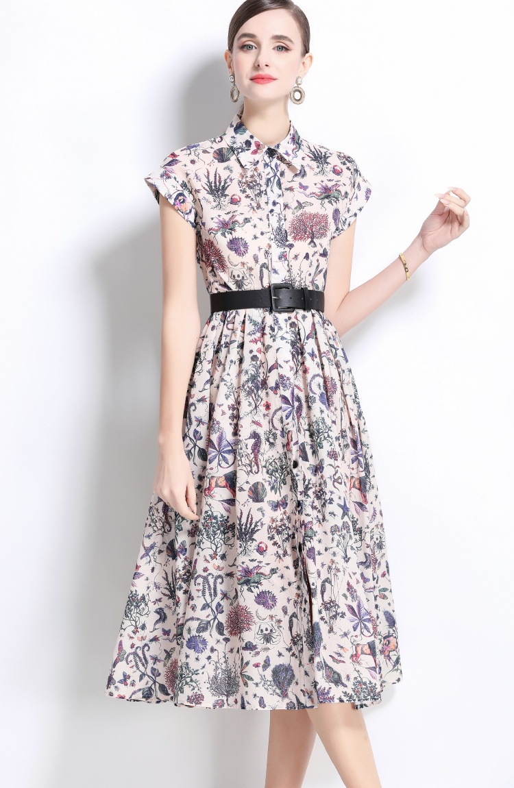 Short sleeve spring long dress printing shirt