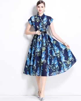 Printing spring long dress short sleeve dress