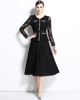 Pleated crochet temperament long sleeve dress for women