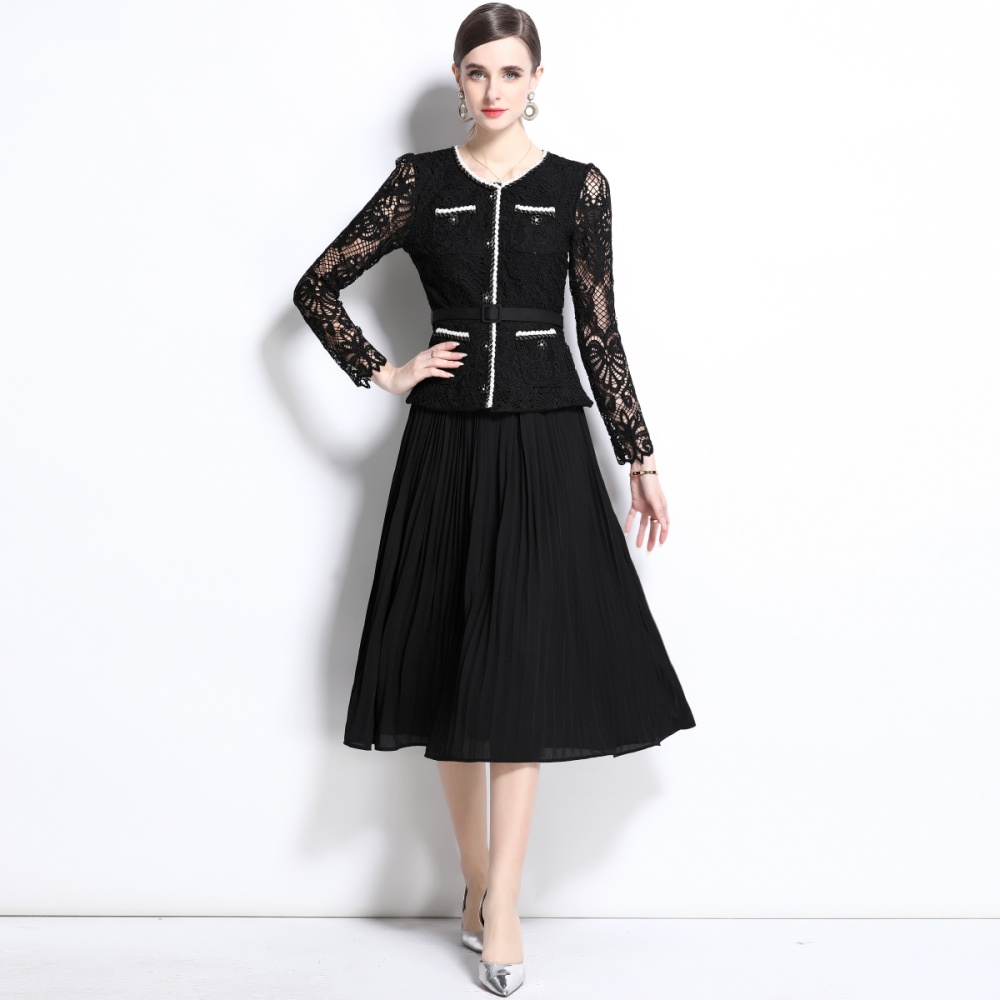 Pleated crochet temperament long sleeve dress for women