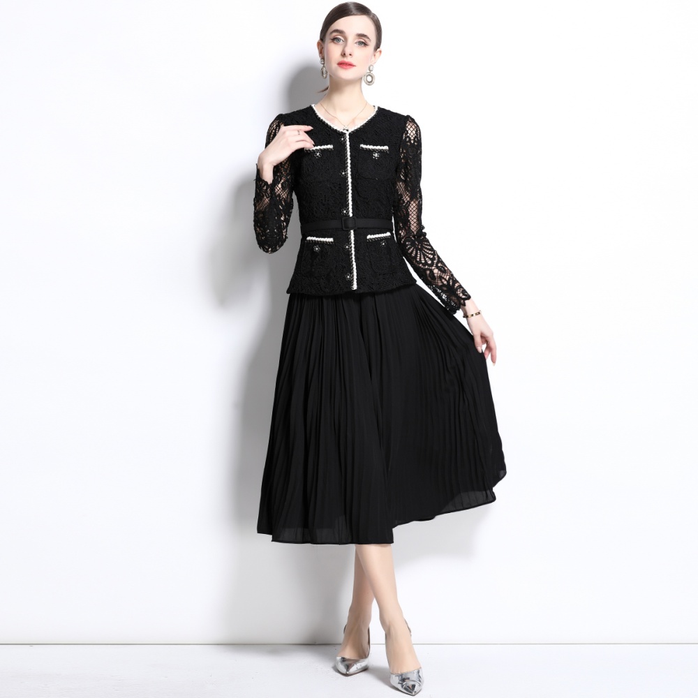 Pleated crochet temperament long sleeve dress for women