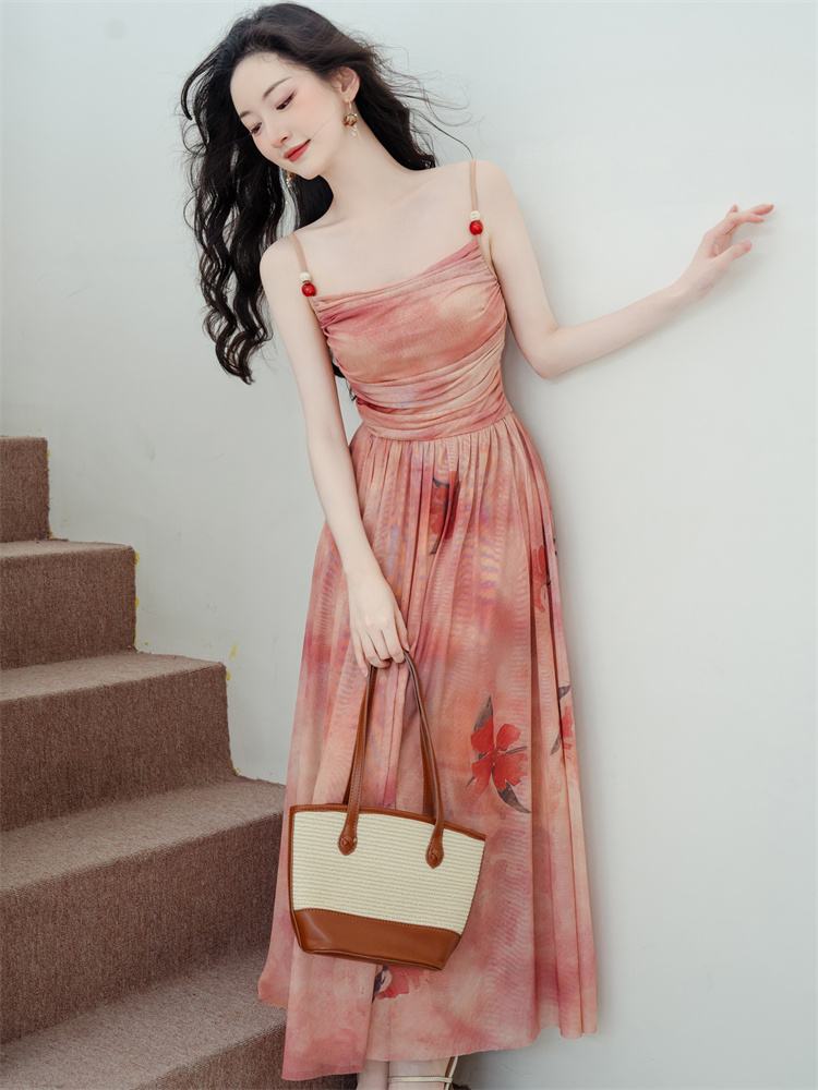 Sling gauze printing dress