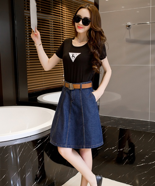 Spring and summer with belt denim skirt student short skirt