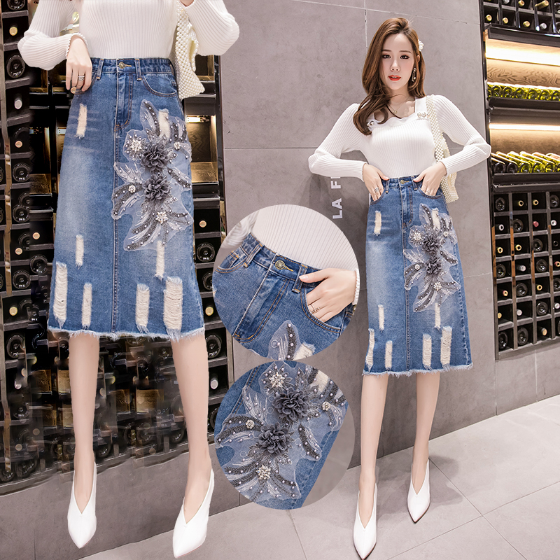 Embroidered slim denim spring and summer skirt