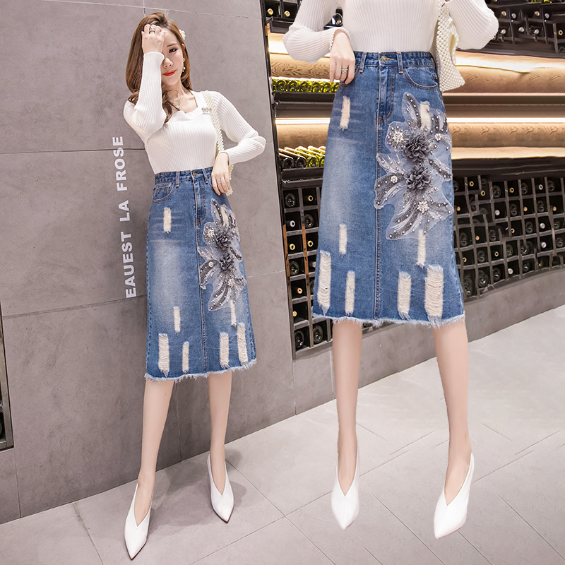 Embroidered slim denim spring and summer skirt