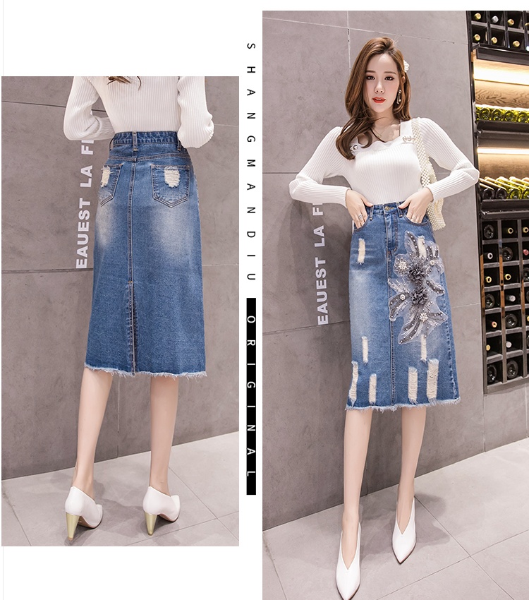 Embroidered slim denim spring and summer skirt