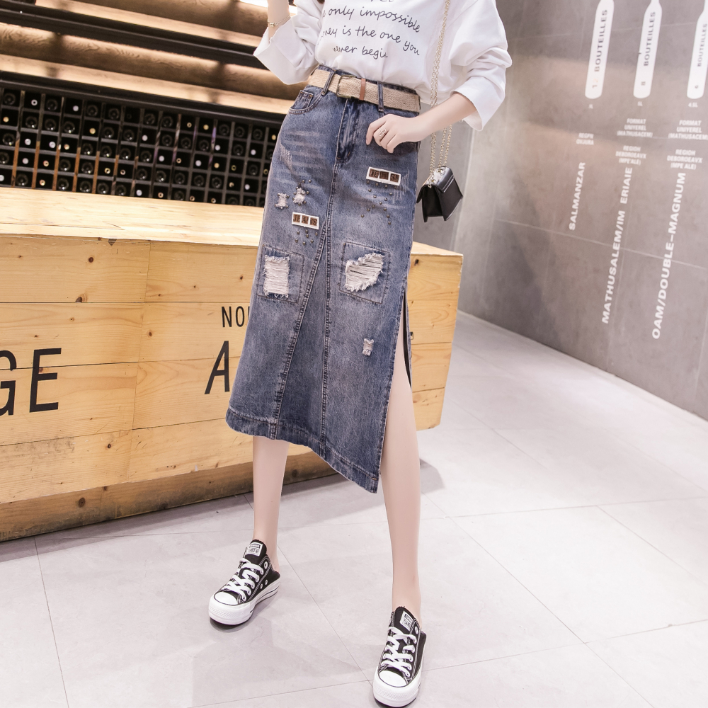 Holes personality denim beading sexy autumn skirt