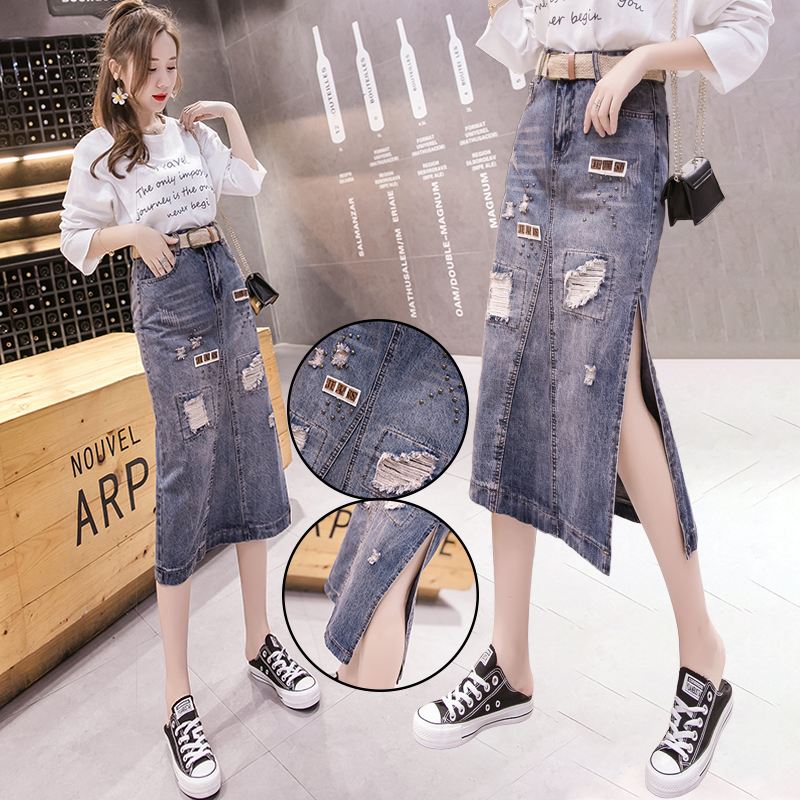 Holes personality denim beading sexy autumn skirt