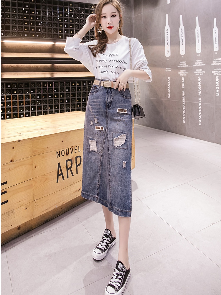 Holes personality denim beading sexy autumn skirt