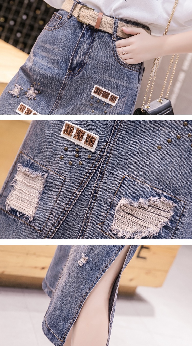 Holes personality denim beading sexy autumn skirt