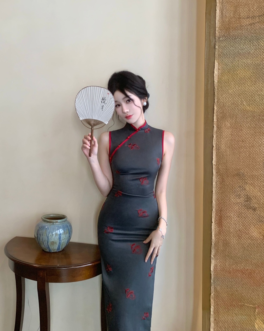 Floral pinched waist dress retro summer cheongsam