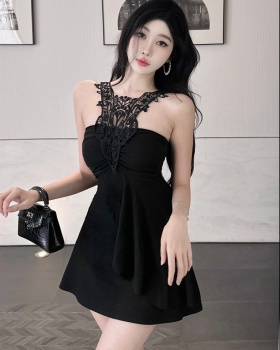 Slim black splice T-back summer fold pinched waist dress