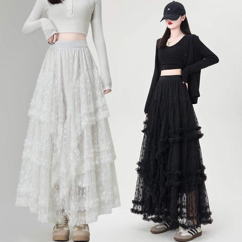 Lace irregular skirt A-line cake long skirt for women