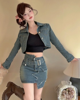 Denim American style coat spicegirl short skirt 2pcs set for women