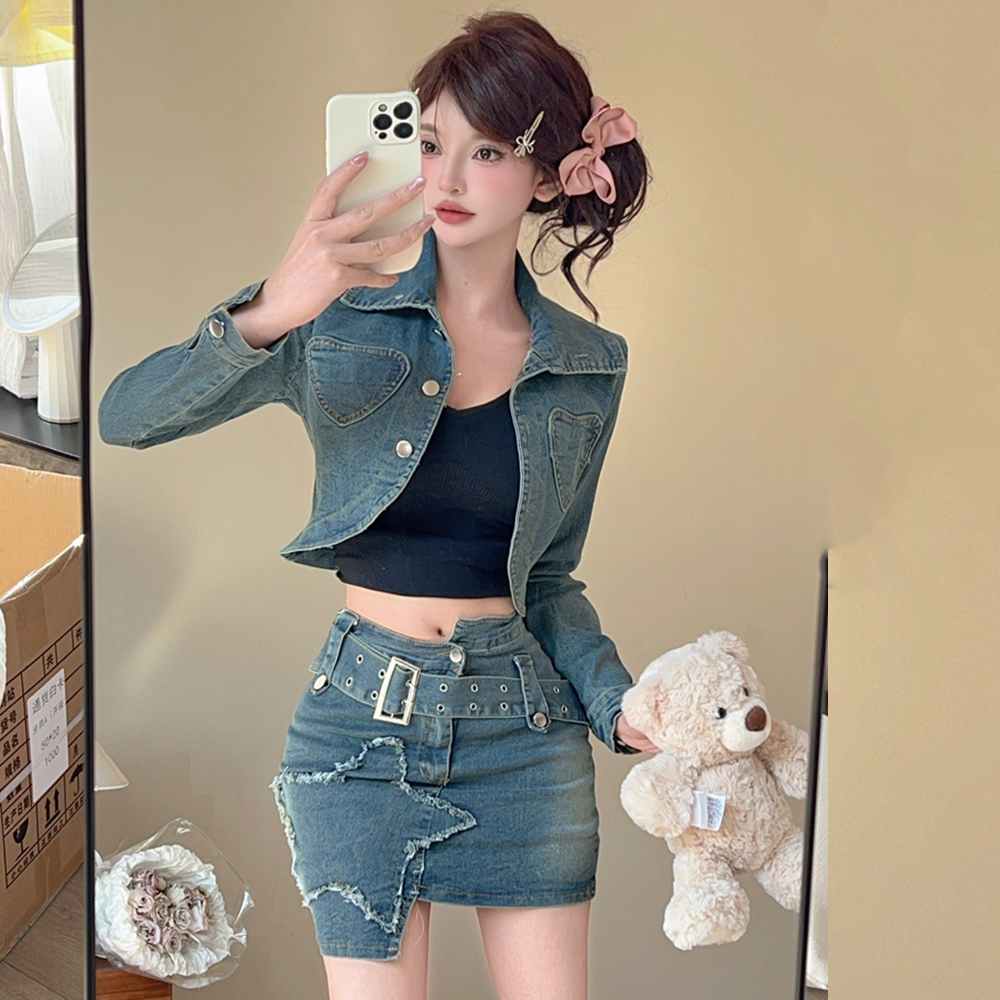 Denim American style coat spicegirl short skirt 2pcs set for women