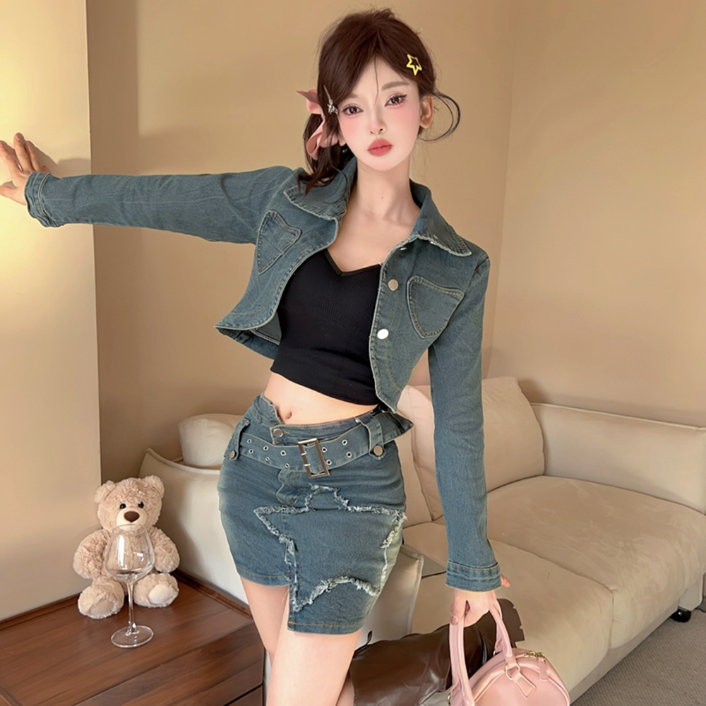 Denim American style coat spicegirl short skirt 2pcs set for women