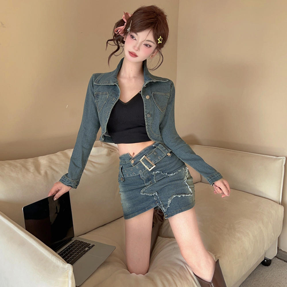 Denim American style coat spicegirl short skirt 2pcs set for women