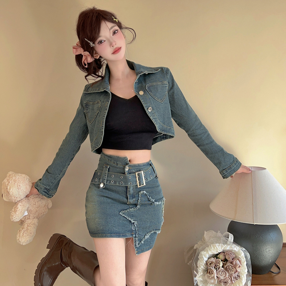 Denim American style coat spicegirl short skirt 2pcs set for women