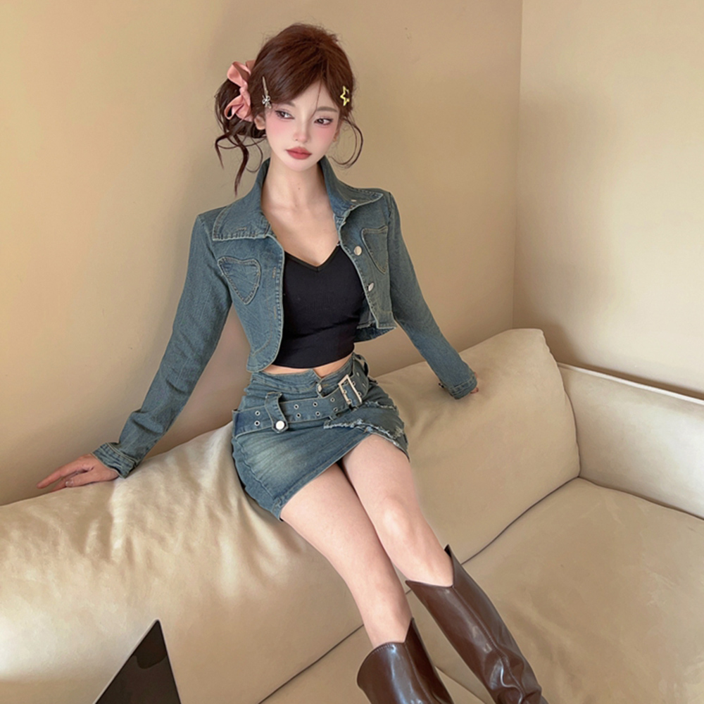 Denim American style coat spicegirl short skirt 2pcs set for women