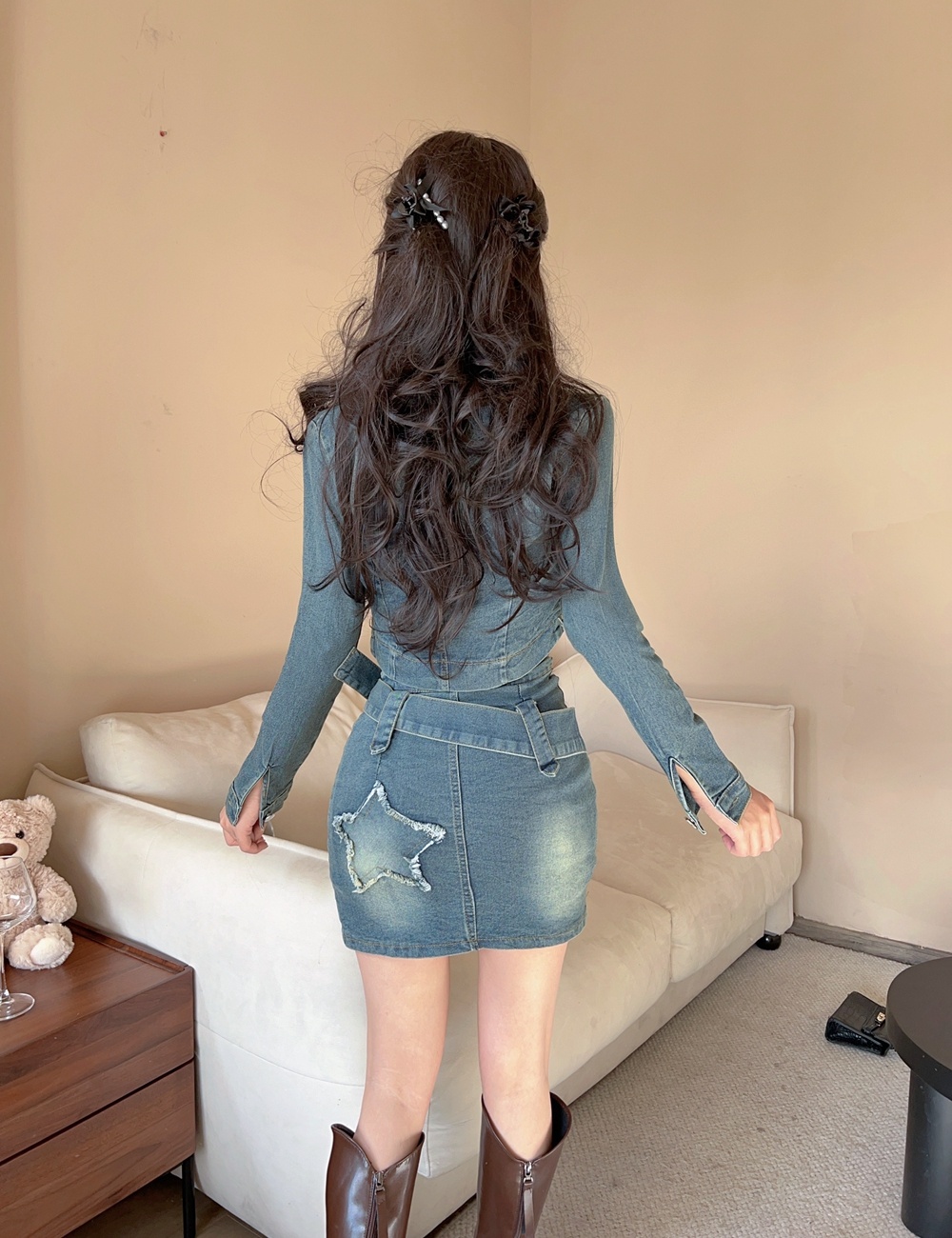 Denim American style coat spicegirl short skirt 2pcs set for women